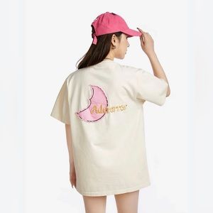 Ader Error Natural Cotton Pink Moon Patch Short Sleeve Crew Neck T-Shirt Size A1